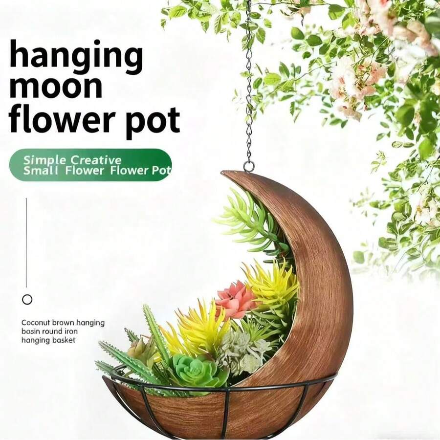 1 pieza Macetero de metal vintage con forma de luna - Maceta colgante con cadena para suculentas, decoración bohemia para el hogar/interior y exterior, Macetero colgante de luna bohemia retro - Maceta de metal con cadena, decoración de jardín/patio interior y exterior