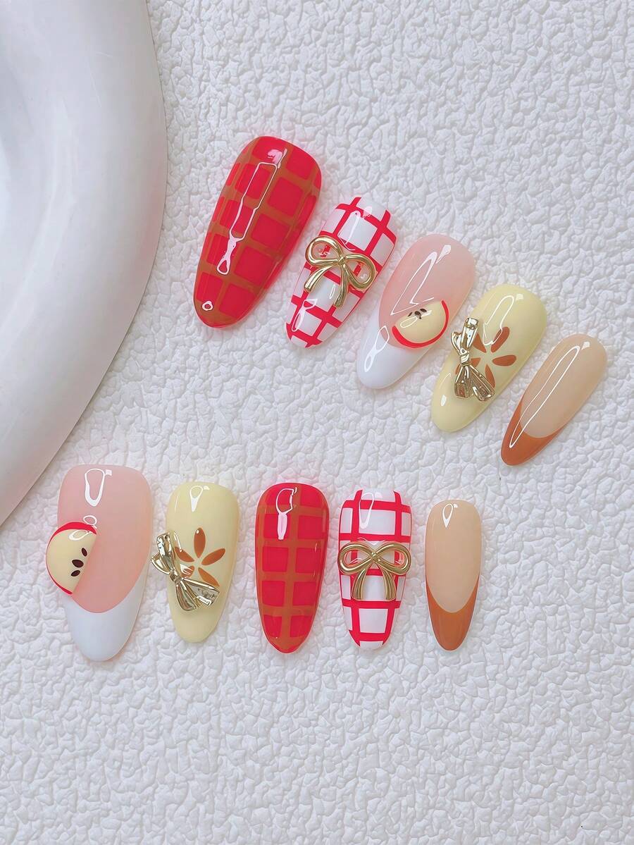 10pcs Y2K Nails Almond-Shaped Press On Nails Set - Handcrafted, Pink Nails, Yellow Nails, White French Tip Nails, Handmade 3D Apple Slices, Hand Drawn Red And White Checkered Design, Hand Drawn Brown Flower, Checkered Nail Art, Sparkling Gold Bow Decoration , Delicate Cute Nails - Perfect For Parties & Casual Attire - Nhiều màu - Xem 1
