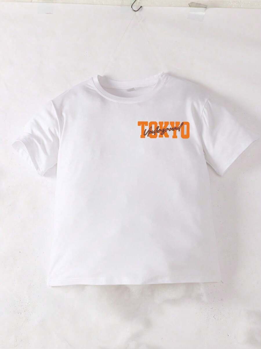 青少年男孩宽松大码休闲时尚赛车口号图案印花圆领短袖 T 恤百搭休闲运动青年夏季外套，适合学校、度假和购物服装，返校 - 白色 - 查看 1