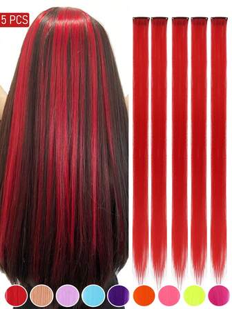 5片红色夹式接发，24英寸长直发，夹式合成材质，适合万圣节角色扮演、装扮、时尚派对、圣诞节、新年等场合，可作为女性礼物，也可用于圣诞节、新年狂欢节、音乐节等场合（红色）。