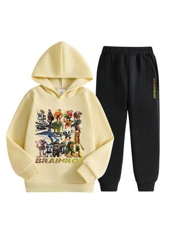 小男孩趣味卡通3D动物和神话生物图案字母印花连帽衫和运动裤套装