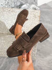 女士棕色乐福鞋，时尚方头流苏低跟鞋，休闲舒适通勤百搭高跟鞋 - 棕色 - 查看 1