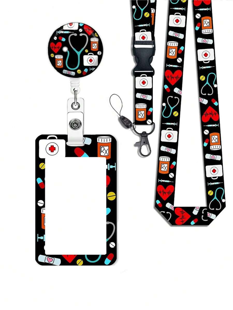 Medical Theme Lanyard ID Badge Holder Set, Durable Plastic Card Sleeve With Retractable Cord, Suitable For Nurses, Doctors, Teachers, Scratch-Resistant Protective Case With Keychain, Multi-Pack - Multicolor - View 1