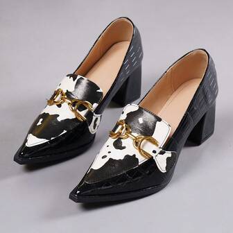 Zapatos de tacón alto y grueso de punta afilada para mujer, con decoración de metal sólido a juego, versátiles para todas las estaciones