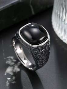Anillo vintage para inoxidable, con gema negra sintética incrustada, decorado con un patrón de vid floral, estilo gótico, accesorio de estilo rock, adecuado para uso diario o como regalo para hombres - Plateado - Ver 8