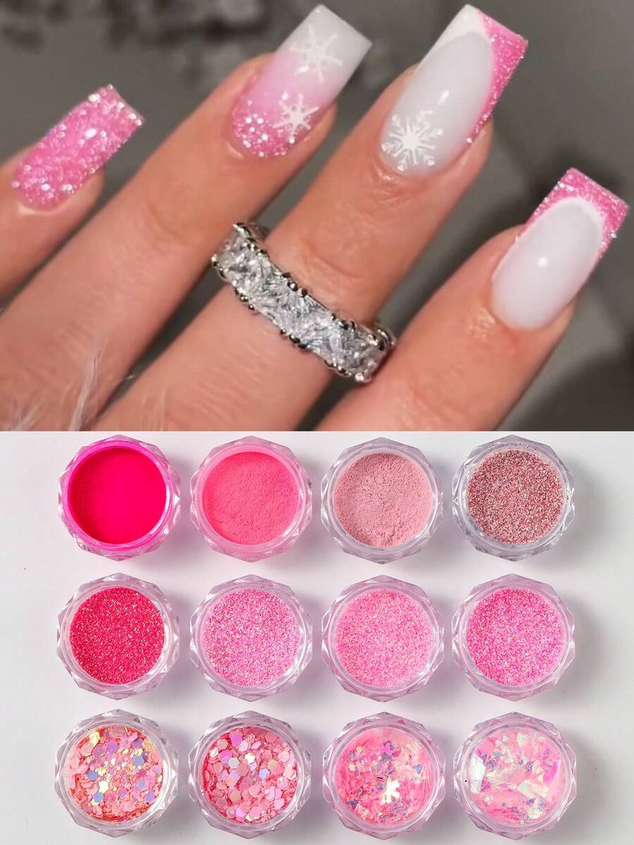 12 Màu Hồng Bóng, Bột Nhũ Móng Tay Lấp Lánh, Hạt Nhũ Ánh Kim, Bột Màu Holographic, Trang Trí Móng Tay Sang Trọng Cho Đám Cưới - Nhiều màu - Xem 1