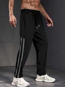 1pc Men's Casual Striped Loose Fit Pants, Spring/Summer Outdoor Sports Trousers Suitable For Hiking, Workout, Beach, Daily Commute, Running, Fitness, Relaxed Straight Leg Style