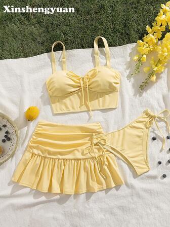 3pcs/Set Christmas,New Year's,Thanksgiving,Valentine's Day Costumes,Sexy Elegant Slimming Solid Color,Lotus Leaf Hem Pleated Short Skirt,Vacation Beach And Swimming Pool,Detachable Swimwear Pad,Adjustable Shoulder Straps, Casual Outing Seaside Beach Party Luxury Bikini Set