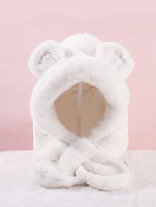 1件儿童可爱猫耳加厚绒耳罩围脖，日常保暖猫爪刺绣针织帽围巾套装