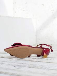 Tacones de aguja de moda versátiles con decoración de lazo y puntera puntiaguda en color vino tinto, tacones de gatito - Burdeos - Ver 6