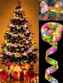 1m/3 Meters/5m/10m Christmas LED Ribbon String Lights, Christmas Tree Home Decor, Handmade DIY Bowknot String Lights, Suitable For Christmas Tree And Gift Box Decoration - Gold - View 2