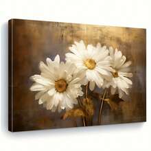 1pc Modern Floral Canvas Wall Art, White Daisy Flowers Abstract Brown Gold Background Print, Elegant Botanical Artwork For Home Office Living Room Bedroom Decor - 彩色 - 查看 1