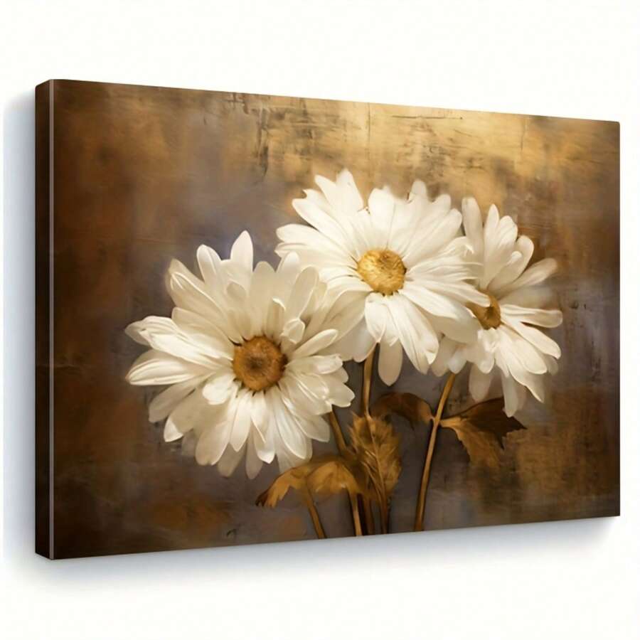 1pc Modern Floral Canvas Wall Art, White Daisy Flowers Abstract Brown Gold Background Print, Elegant Botanical Artwork For Home Office Living Room Bedroom Decor - 彩色 - 查看 1