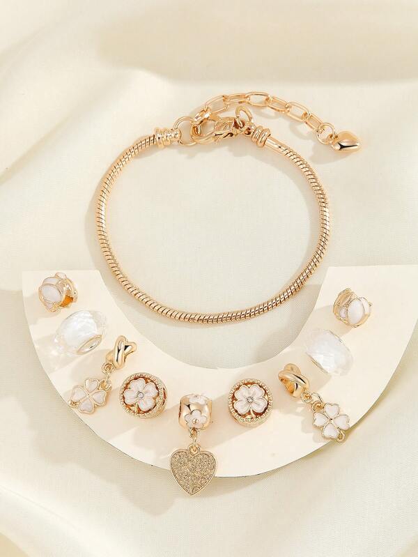 1pc Minimalist Fashion Rhinestone Hollow Heart Lucky 5-Petal Flower Pink Floral Pendant Bracelet, Fashionable Daily Wear For Women