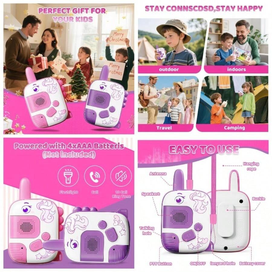 Walkie Talkies para nios de 3 a 9 aos, paquete de 2 juguetes de aventura al aire ltima intervensin con rango de 1000 pies, juguetes de unicornio, regalos de cumpleaos para nias de 4, 5 - Unicornio, rosa y amarillo - Ver 1