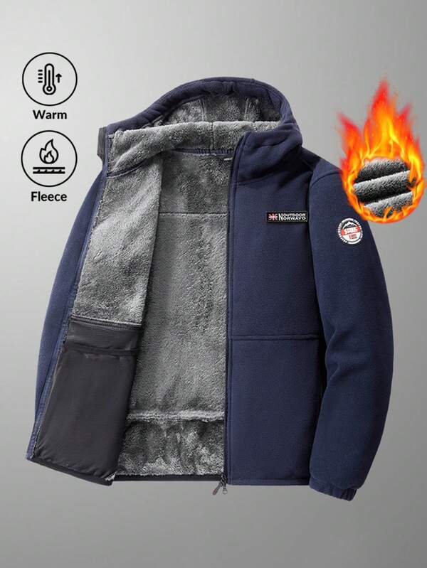 Herren einfarbiger thermisch gefütterter warmer Sweatshirt, warmer Cardigan-Hoodie mit bedrucktem Design, Herbst- und Winterstile, Herren Fleece-Jacke mit Kapuze, Sportjacke