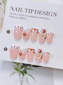 10pcs Y2K Nails Pipe-Shaped Press On Nails Set - Handcrafted, Pink Nails, White Nails, White French Tip Nails, Handmade 3D Cat And 3D Button Design, Hand Drawn Polka Dot And Stripe Pattern Decoration, Sparkling Gold Star Accents, Delicate Cute Nails - Suitable For Women And Girls, Party, Wedding, Daily Wear, Diy Nail Art, Nail Set - 彩色 - 查看 1