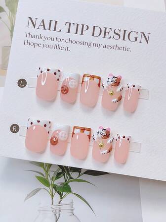 10pcs Y2K Nails Pipe-Shaped Press On Nails Set - Handcrafted, Pink Nails, White Nails, White French Tip Nails, Handmade 3D Cat And 3D Button Design, Hand Drawn Polka Dot And Stripe Pattern Decoration, Sparkling Gold Star Accents, Delicate Cute Nails - Suitable For Women And Girls, Party, Wedding, Daily Wear, Diy Nail Art, Nail Set