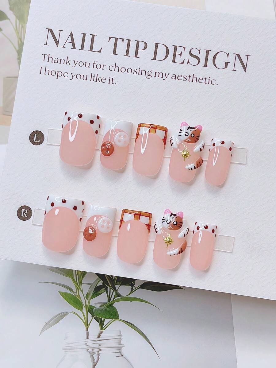 10pcs Y2K Nails Pipe-Shaped Press On Nails Set - Handcrafted, Pink Nails, White Nails, White French Tip Nails, Handmade 3D Cat And 3D Button Design, Hand Drawn Polka Dot And Stripe Pattern Decoration, Sparkling Gold Star Accents, Delicate Cute Nails - Suitable For Women And Girls, Party, Wedding, Daily Wear, Diy Nail Art, Nail Set - 彩色 - 查看 1