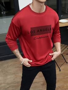 Men's Casual Letter Print Crew Neck Sweatshirt, Spring & Autumn - Red - View 1