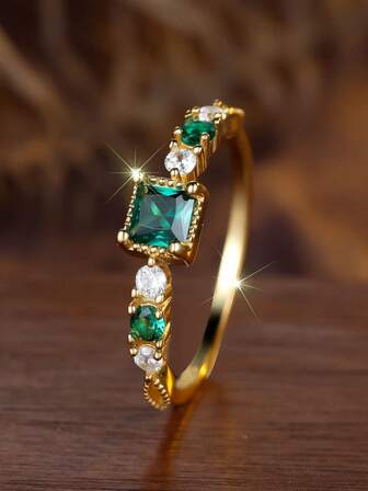 1pc Luxury Alluring Green Square Cubic Zirconia 925 Sterling Silver Ring, Fashion Party/Birthday/Engagement/Wedding/Anniversary Gift, Everyday Wear