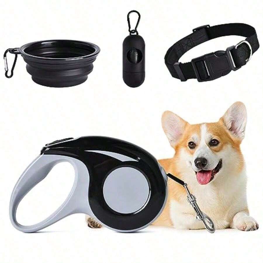 Todo tipo de perro 5 metros retráctil perro cuerda de cuatro piezas (collar de nylon ajustable + cuenco plegable + bolsa de basura universal para perros pequeños y grandes) - negro 1 - Ver 1
