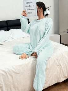 2pcs Simple Fleece Fluffy Pajama Set, Autumn/Winter Warm Solid Color Round Neck Top And Elastic Waist Pants, Women Sleepwear - Blue - View 3