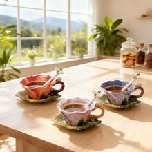 1 Set Handpainted Floral Ceramic Tea Cup & Saucer, 3D Sculpted Rose, Tulip, Daisy Flower Coffee Mug, 1pc 150ml(5oz) Cup With Handle, 1pc Leaf Plate, 1pc Butterfly Spoon, Unique Home Decor, Valentines, Mother's Day, Christmas Gift