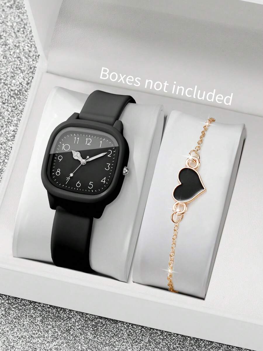 Set de 2 relojes de cuarzo de silicona para mujer con esfera cuadrada y pulsera elegante con encanto, sin caja de reloj incluida - Negro - Ver 1