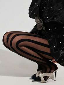 1件装加大码女士紧身条纹连裤袜，加大码女士塑形紧身裤/打底裤，适合万圣节派对 - 黑色 - 查看 3