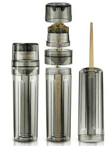 一套三合一手动卷烟器及烟草研磨器，带漏斗、四层研磨器、卷烟管、烟草切碎器，具备填充和储存功能，精美礼品，有黑色、蓝色、红色和透明色可选