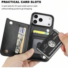 This Wallet Case Is Made For Iphone 17, 16, 15, 14, 13, 12 Pro/Pro Max/Plus/Air And For Samsung For Galaxy S22, S23, S24, S25 Plus/Ultra  It Includes A Card Holder, Is Made From Faux Leather, Has A Kickstand, Card Slots, A Double Magnetic Clasp - 黑色 - 查看 4