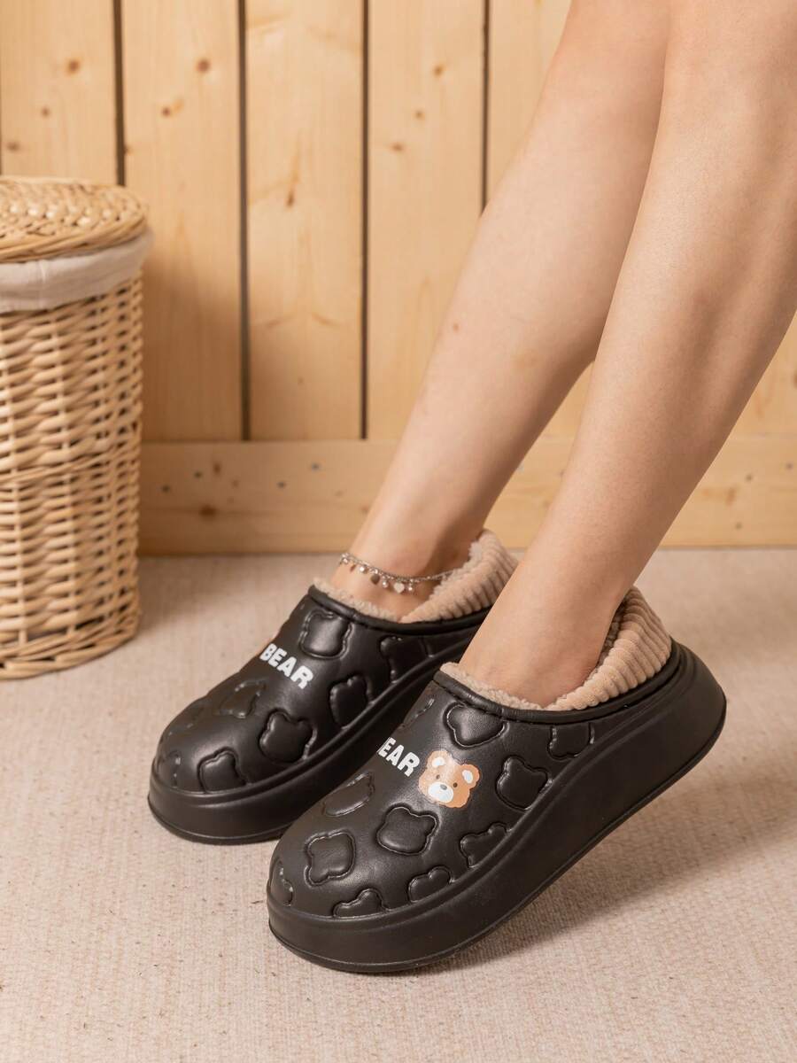 Black Bear Cartoon EVA Waterproof Winter Slippers, Women's House Shoes, Cute Couple Slippers, Women Slides - Black - View 1