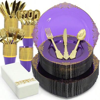 175PCS Purple Gold Plastic Plates For Party Dinnerware Sets For 25 Guests Vintage Disposable Plastic Party Plates Cups Spoons Forks Knives Napkins For Wedding Birthday Christmas BBQ Parties - Elegant And Stylish Disposable Tableware Set For Large Gatherings With Premium Metallic Finish Ideal For Weddings Birthdays Holidays And Outdoor BBQ Events