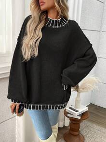 大码休闲圆领条纹撞色针织套头衫