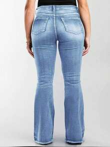 大码喇叭牛仔裤，破洞水洗细节，加长款，中等弹力，带口袋，休闲春季款 - 藍色 - 查看 3