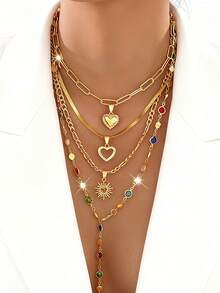 4pcs/Set Elegant Vintage Bohemian Style Women's Faux Pearl Colorful Heart Pendant Tassel Y-Necklace Set, Suitable For Daily, Party, Date, Wedding, Vacation, Multi-Layer Wear, Delicate Necklace, 2025 New Collection - Gold - View 1