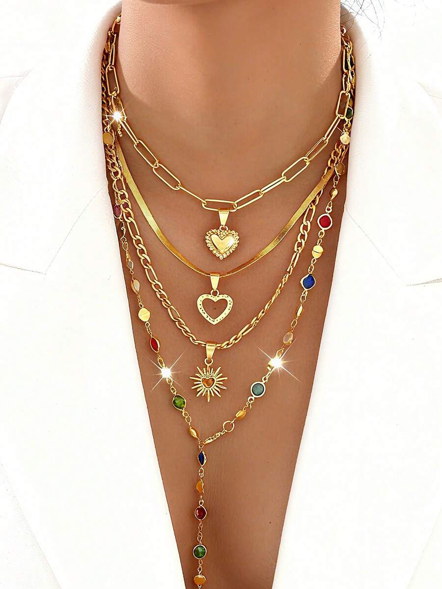 4pcs/Set Elegant Vintage Bohemian Style Women's Faux Pearl Colorful Heart Pendant Tassel Y-Necklace Set, Suitable For Daily, Party, Date, Wedding, Vacation, Multi-Layer Wear, Delicate Necklace, 2025 New Collection - Gold - View 1