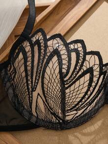 Halloween Costume, Black Heart Mesh Embroidered Sexy Women's Lingerie Set, Medium Support, See-Through Underwire Bra And Thong Two-Piece Set, Sexy Night Wear, Boudoir Wear, Suitable For Parties, Intimate Occasions.