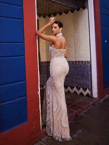 Faeriesty Haute Glamour Elegant Mermaid Evening Gown With Bead & Sequin Embroidery – One-Shoulder Design With Fish-Tail Silhouette, Floral/Wave Patterns & Neckline Bead Accents – Perfect For Weddings, Evening Galas, Award Ceremonies & Red-Carpet Events - Champagne - View 3