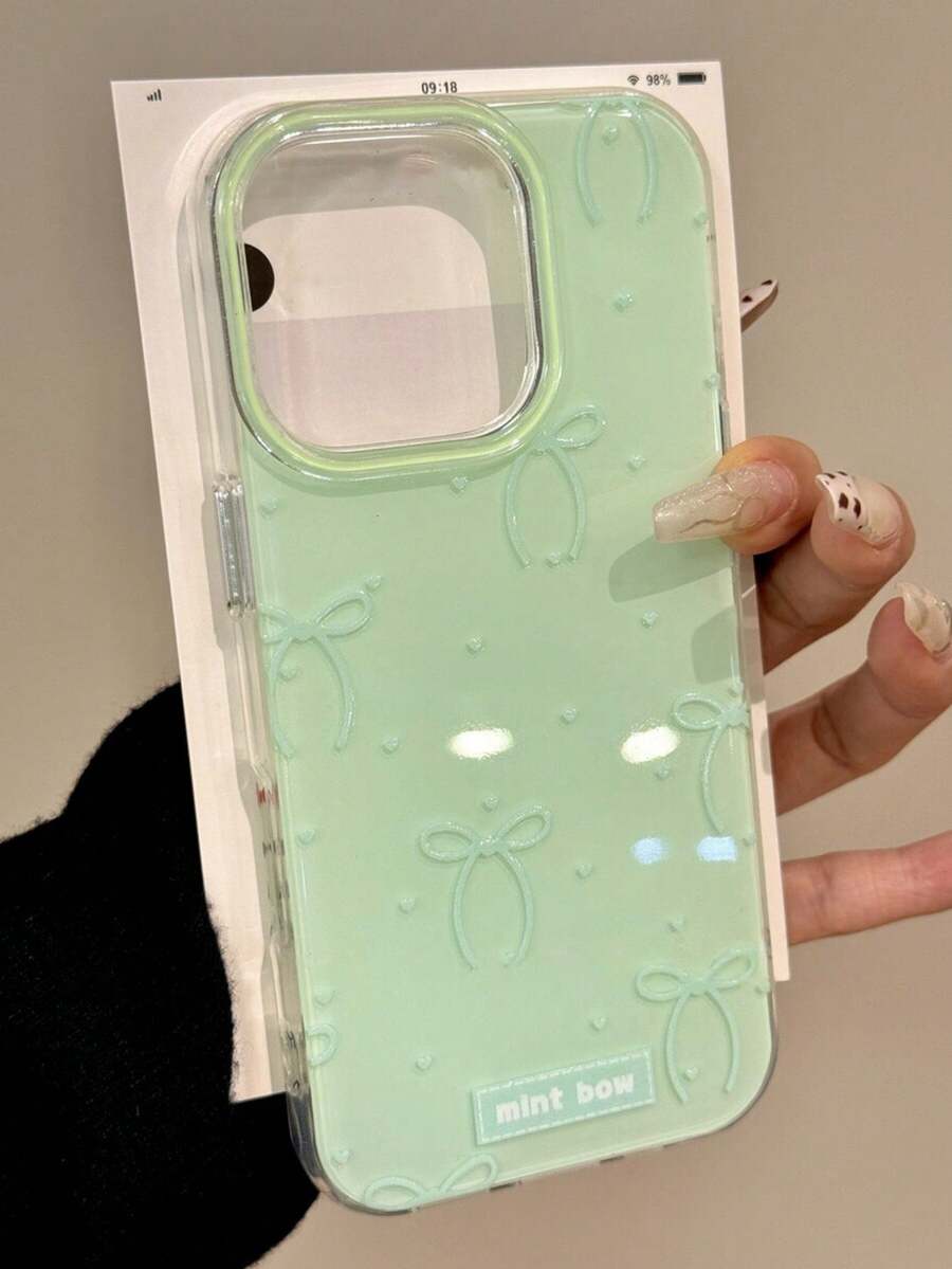 Cute Minimalist Green Bow & Heart Case, Suitable Compatible With Iphone 17 Pro Max, 17 Pro, 17 Air, 17, 16, 15, 14, 13, 12, 11 Pro Max Plus, Soft Protective Back Cover, Gift For Girls - Green Bow - View 1