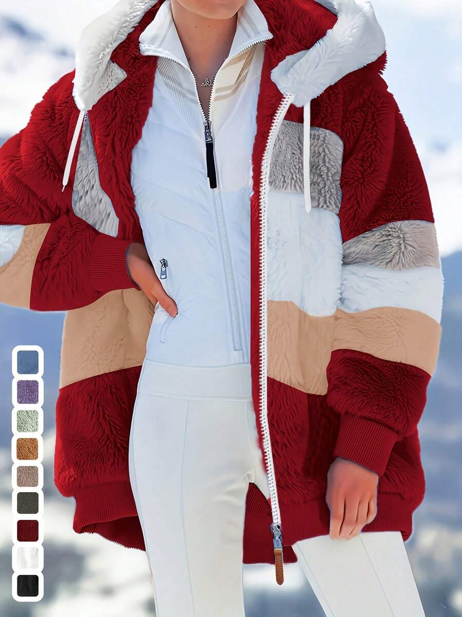 Women's Autumn And Winter Warm Loose Thickened Plush Zip-Up Top, Multi-Color Spliced Imitation Lamb Wool Hooded Coat,Color Block Striped Plush Warm Hooded Coat,Women Casual Fluffy Fleece Zip Up Winter Jacket, Patchwork Fuzzy Warm Hooded Outerwear,Soft Plush Color Block Hooded Winter Coat,Cozy Thick Fleece Striped Warm Jacket,Winter Warm Fluffy Color Block Zip Up Coat, - Đỏ - Xem 1