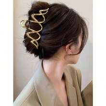 1pc Large Faux Pearl & Gold-Tone Curved Hair Clip/Wave Shape Metal Hair Claw/Hair Claw, Perfect For Daily Hairdo And Updos Women Hair Accessory Hair Clips Hair Jaw Clip Hair Clamps Hair Clutch Hair Catcher Clip, School Stuff, College - 金色 - 查看 2