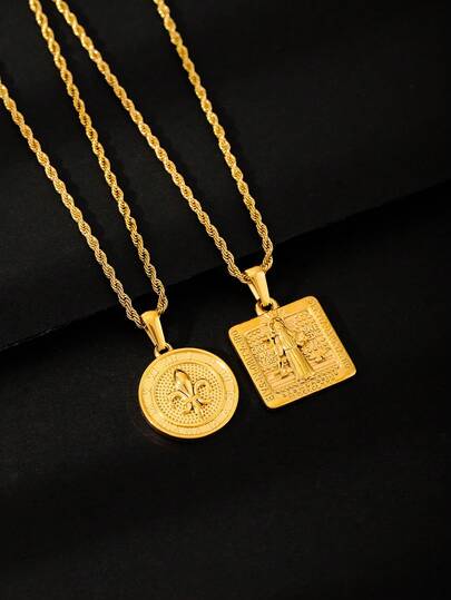 1pc Fashionable Luxury Gold Geometric Stainless Steel Pendant Necklace For Men, Delicate Twisted Chain Accessory, Suitable For Daily Wear, Gift For Boyfriend On Holidays, Birthday, Anniversary