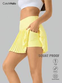Women's Solid High Waist Pleated Tennis Skirt, Vibrant Yellow, Built-In Pocket 4-Way Stretch Waistband Squat Proof Sports Skirt, Gym Running Badminton Daily