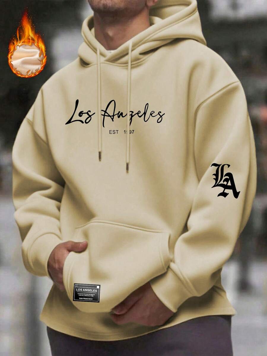 Krometka 男士休闲印花元素连帽衫，秋冬款 - 杏色 - 查看 1