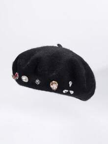 1pc Letter, Star, Butterfly Embellished Vintage Palace Style Wool Solid Color Rhinestone Pearl Beret Hat, Pumpkin Hat, Fashion & Versatile For Women, Autumn/Winter - C - View 5
