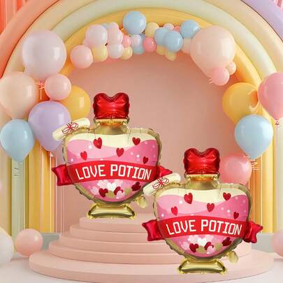 2个装爱情魔药气球 - 樱桃和心形魔法棒造型氦气球，适合情人节装饰、主题派对、婚礼、周年纪念、订婚、粉色和金色魔法派对装饰，带有爱情魔药瓶设计