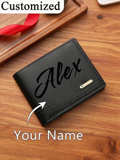 Personalized Custom Men's Business Style Faux Leather Wallet Customizable Text With Uppercase Initials, Solid Color Faux Leather With Color-Block Accents, Compact Short Bifold Design For Easy Portability - Perfect Birthday Gift For Boyfriend & Father, Wallet For Men Personalized, Men Stylish Wallets