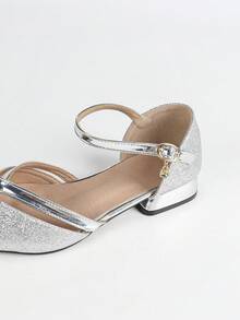 Bombas de tacón grueso con correa y punta puntiaguda, cómodas y de moda para Navidad, adecuadas para usar con vestidos - Plateado - Ver 8